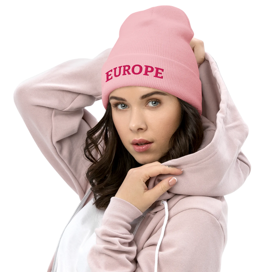 Female Model with Monochrome Pink "EUROPE" Cuffed Beanie