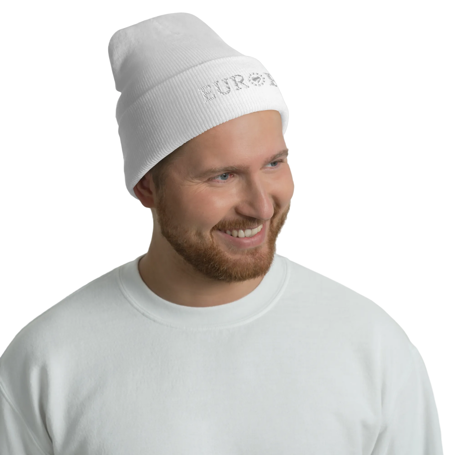 Male Model with Monochrome White "EUROPE" Cuffed Beanie with "Show the Love for Europe" emblem