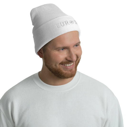 Male Model with Monochrome White "EUROPE" Cuffed Beanie with "Show the Love for Europe" emblem