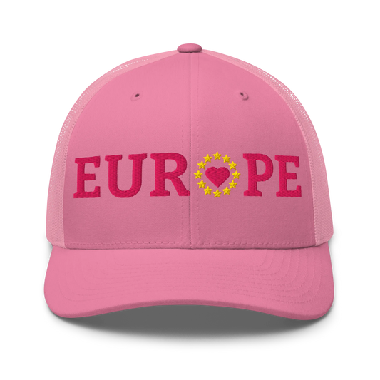 Monochrome Pink EUROPE Trucker Cap with "Show the Love for Europe" emblem in full color Front View