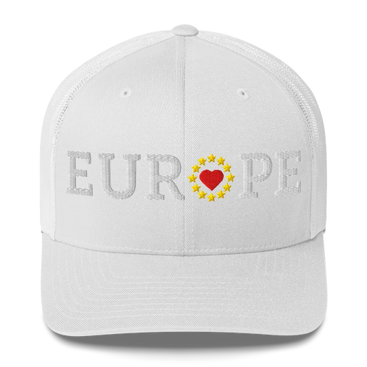 Monochrome White "EUROPE" Trucker Cap with "Show the Love for Europe" emblem in full color Front View