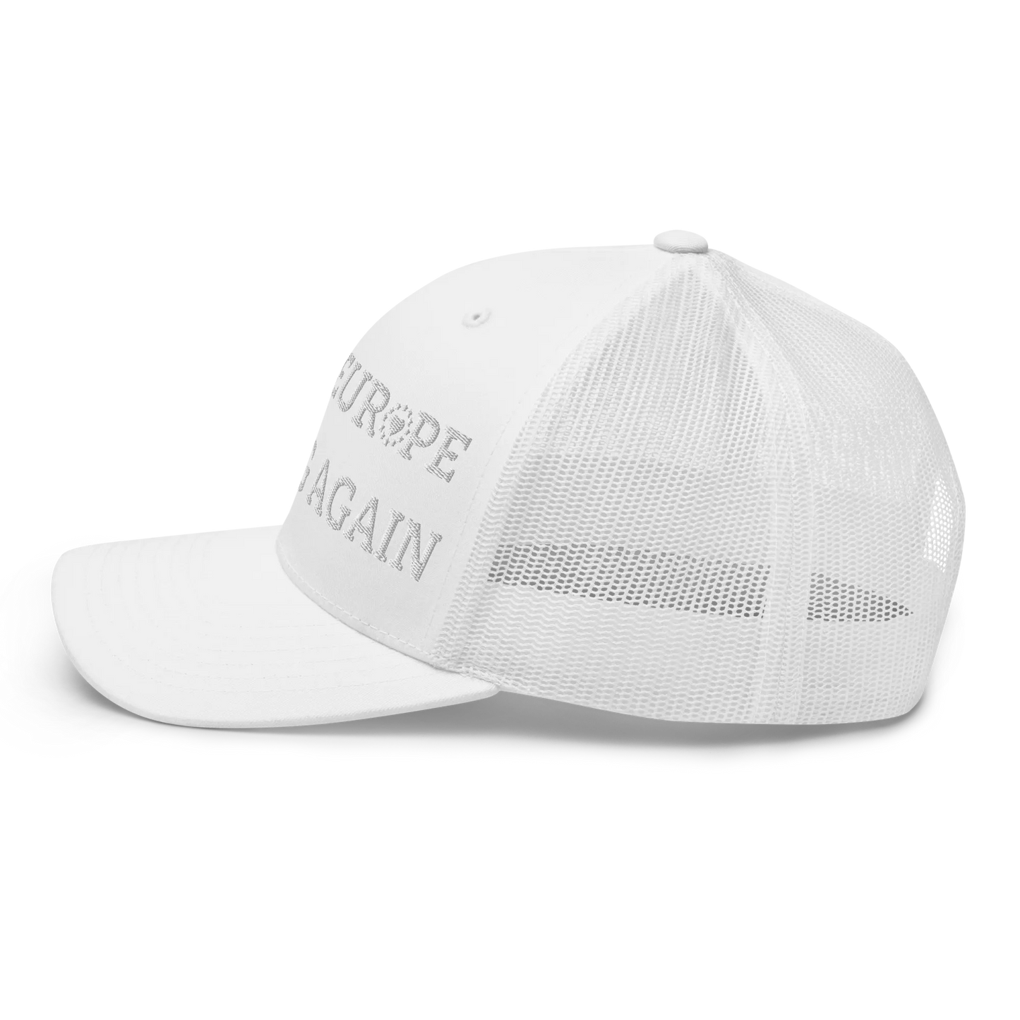 Monochrome White "Make Europe Strong Again" / MESA Trucker Cap with "Show the Love for Europe" emblem Left View