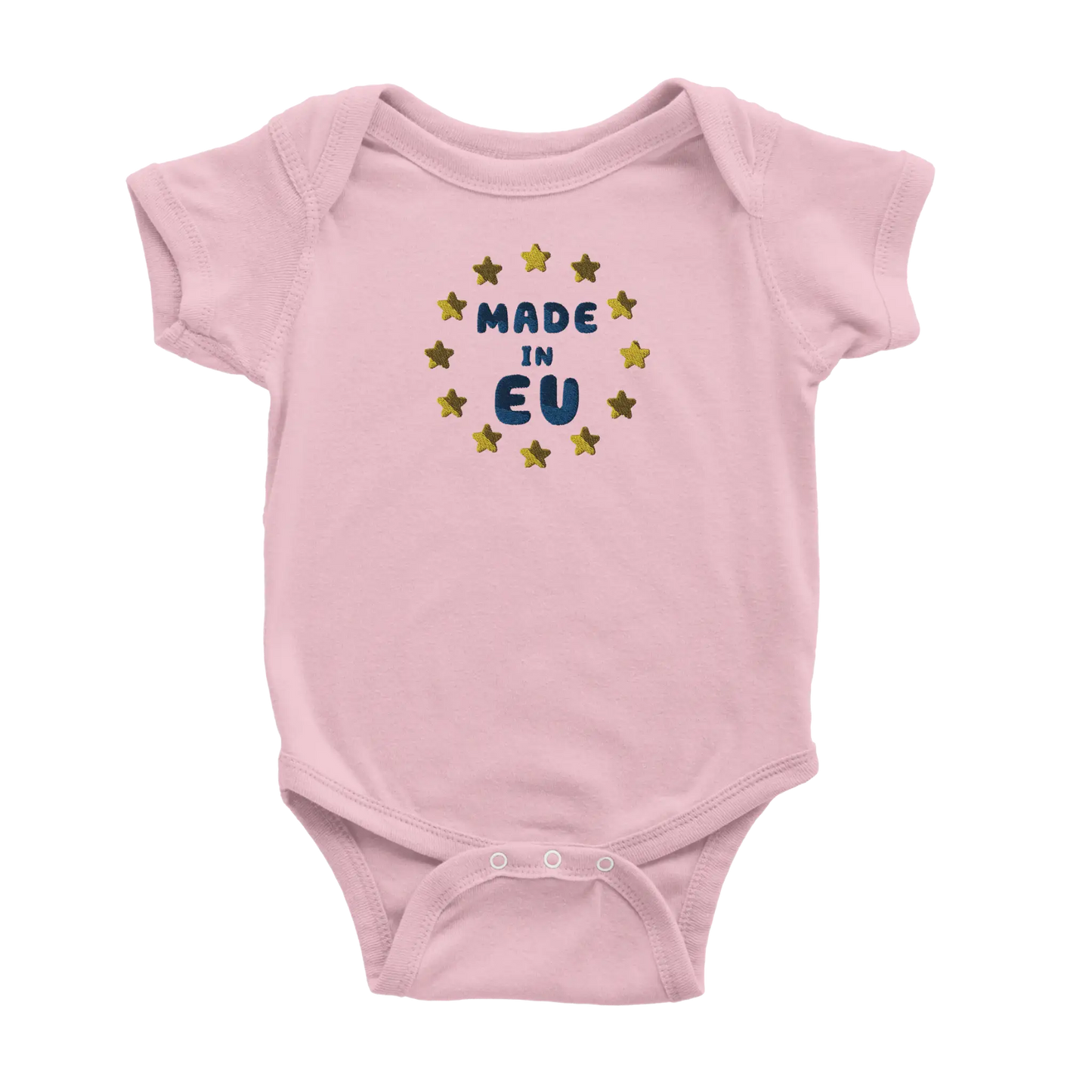 Pink "Made in EU" Embroidered Baby Bodysuit Front View