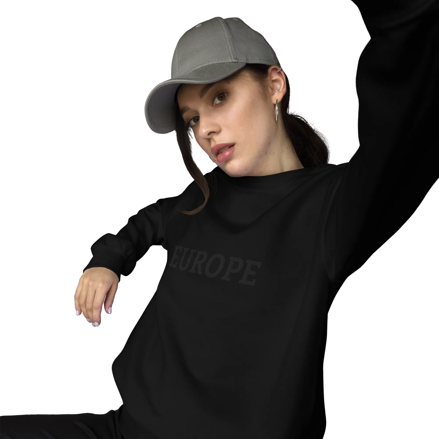 Female Model with Monochrome Black "EUROPE" Unisex Sweatshirt