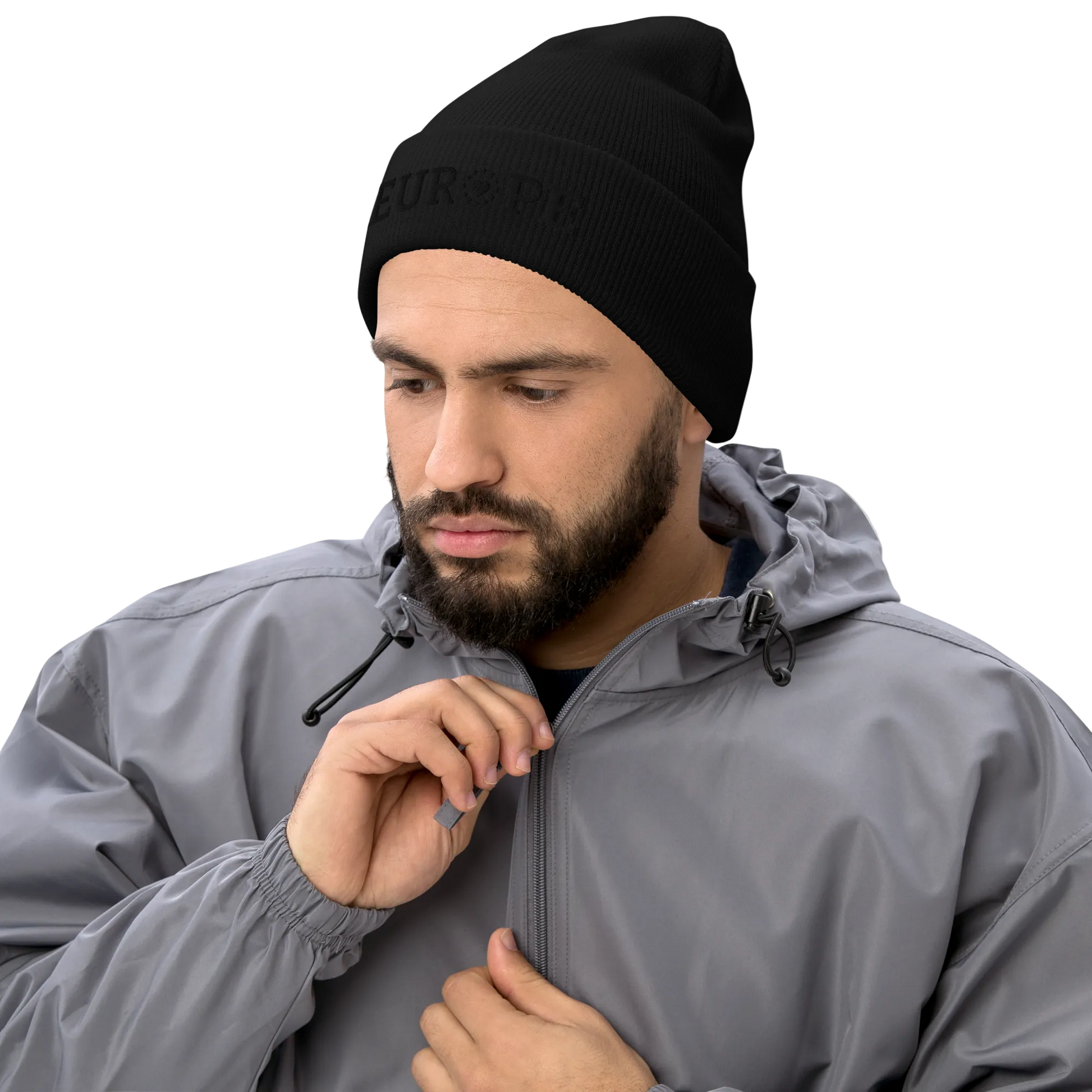 Male Model with Monochrome Black "EUROPE" Cuffed Beanie with "Show the Love for Europe" emblem