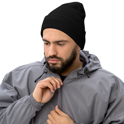 Male Model with Monochrome Black "EUROPE" Cuffed Beanie