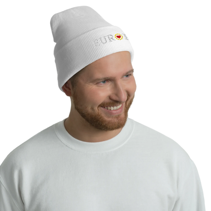 Male Model with Monochrome White "EUROPE" Cuffed Beanie with "Show the Love for EU" emblem in full color