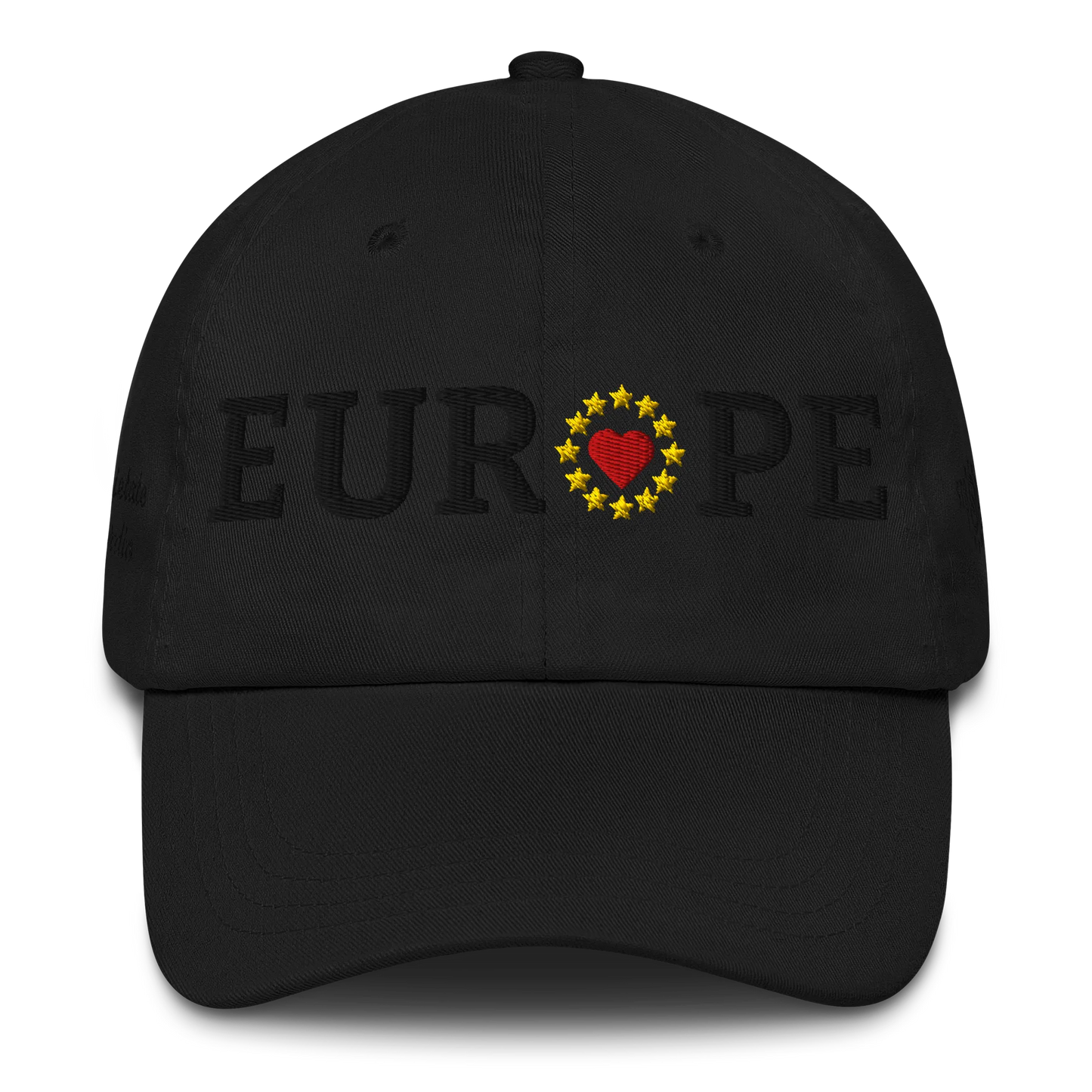 Monochrome Black "EUROPE" Cap with "Show the Love for Europe" emblem in full color Front View