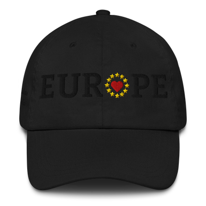 Monochrome Black "EUROPE" Cap with "Show the Love for Europe" emblem in full color Front View