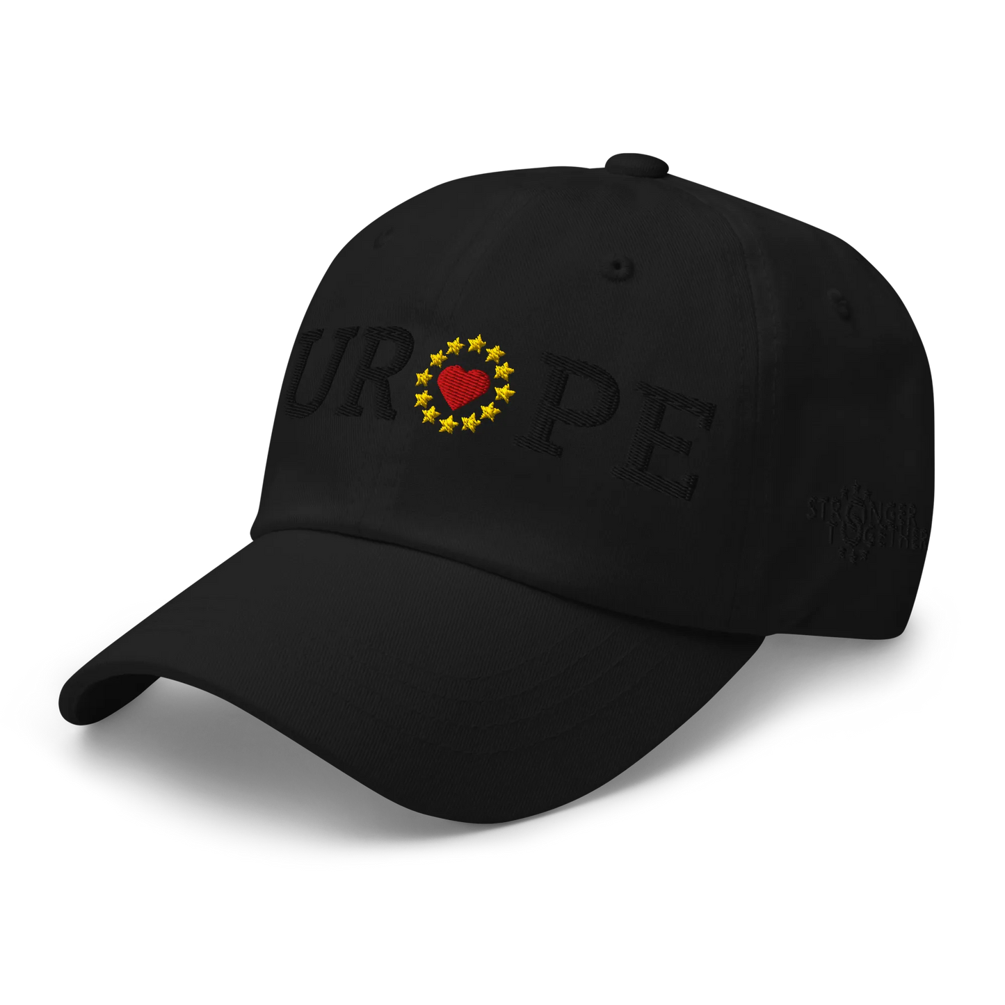 Monochrome Black "EUROPE" Cap with "Show the Love for Europe" emblem in full color Left Front View