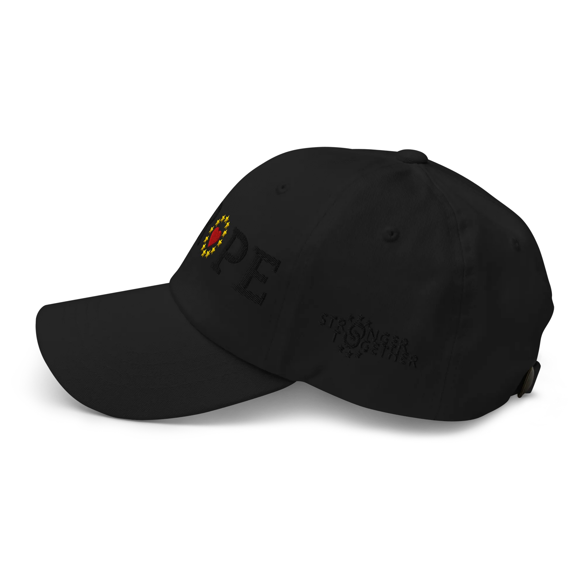 Monochrome Black "EUROPE" Cap with "Show the Love for Europe" emblem in full color Left View