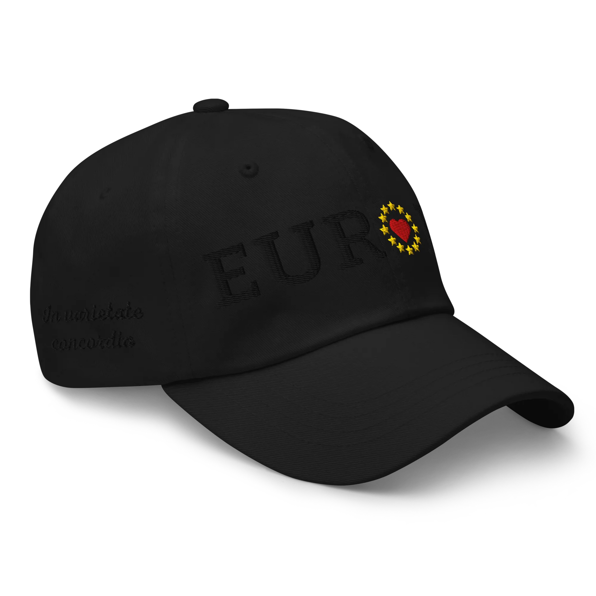 Monochrome Black "EUROPE" Cap with "Show the Love for Europe" emblem in full color Right Front View