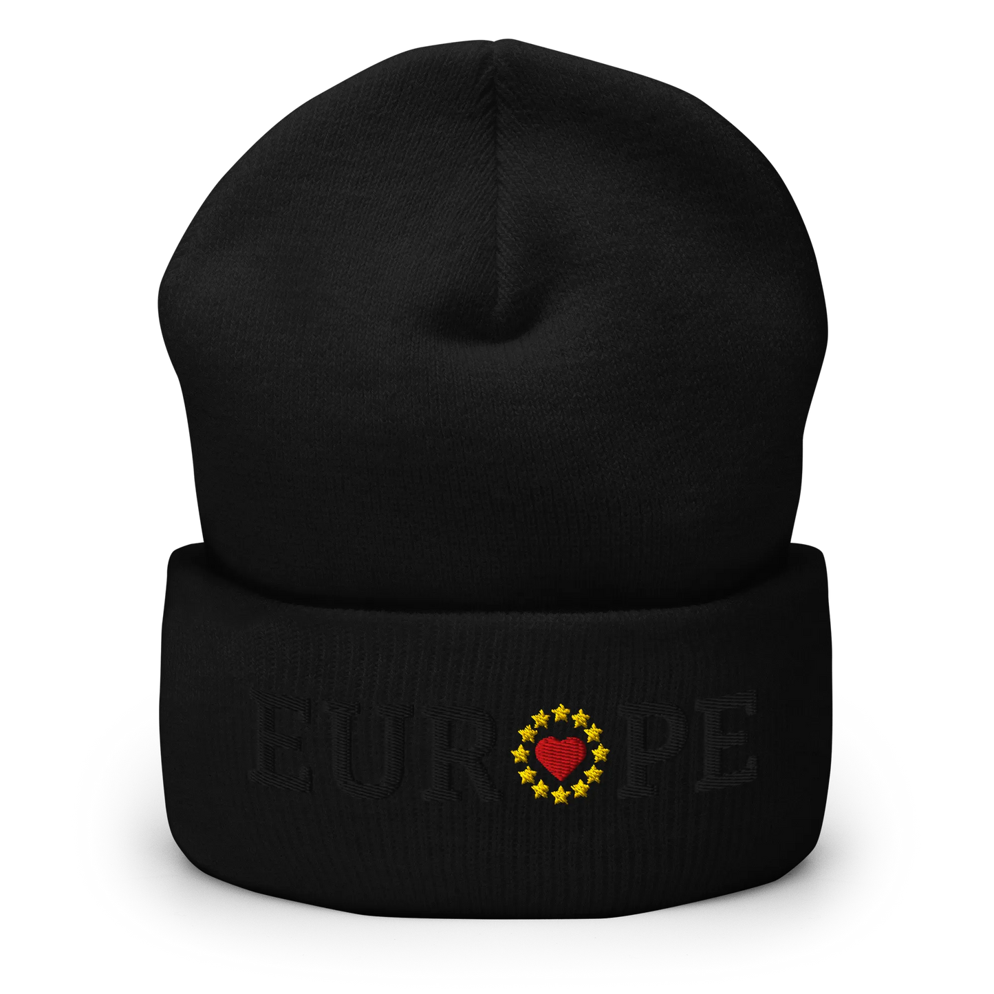 Monochrome Black "EUROPE" Cuffed Beanie with "Show the Love for Europe" emblem in full color Front View