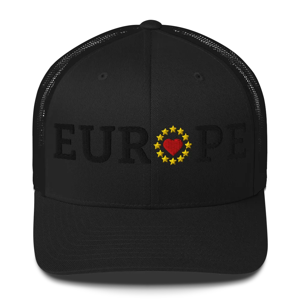 Monochrome Black "EUROPE" Trucker Cap with "Show the Love for Europe" emblem in full color Front View