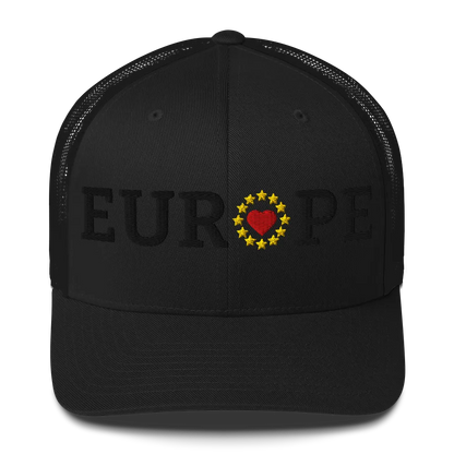 Monochrome Black "EUROPE" Trucker Cap with "Show the Love for Europe" emblem in full color Front View