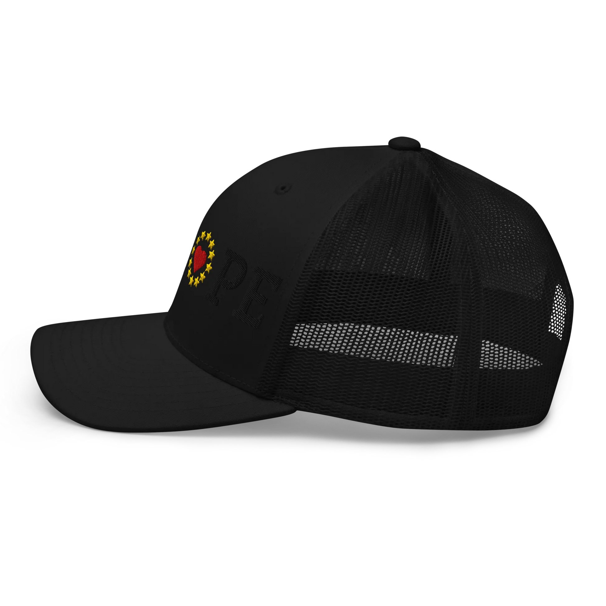 Monochrome Black "EUROPE" Trucker Cap with "Show the Love for Europe" emblem in full color Left View