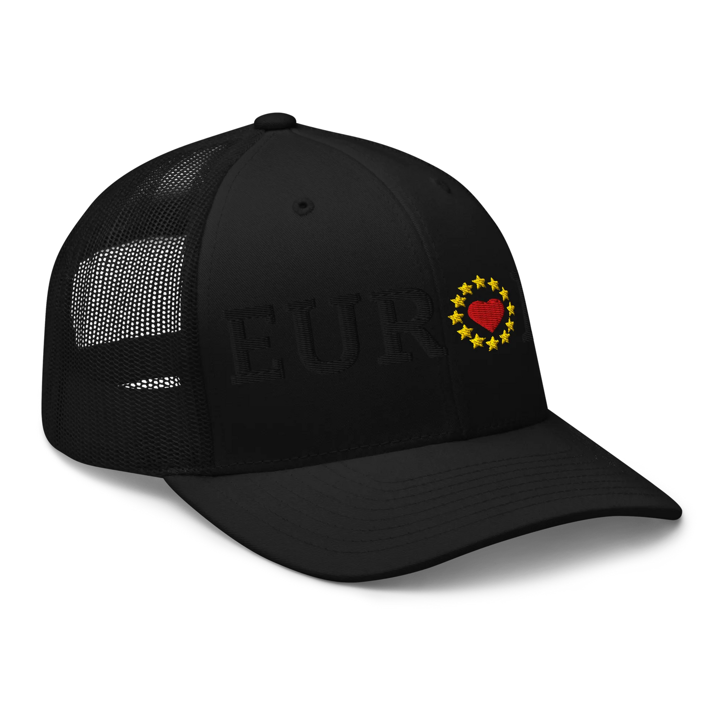 Monochrome Black "EUROPE" Trucker Cap with "Show the Love for Europe" emblem in full color Right Front View