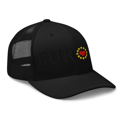 Monochrome Black "EUROPE" Trucker Cap with "Show the Love for Europe" emblem in full color Right Front View