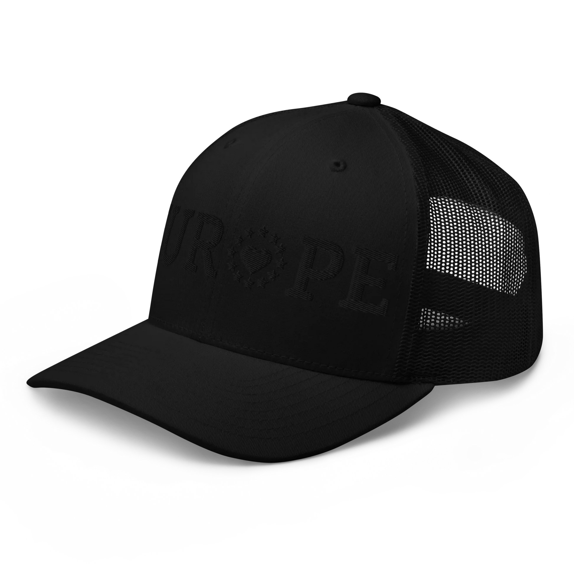 Monochrome Black "EUROPE" Trucker Cap with "Show the Love for Europe" emblem Left Front View