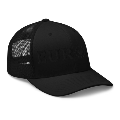 Monochrome Black "EUROPE" Trucker Cap with "Show the Love for Europe" emblem Right Front View