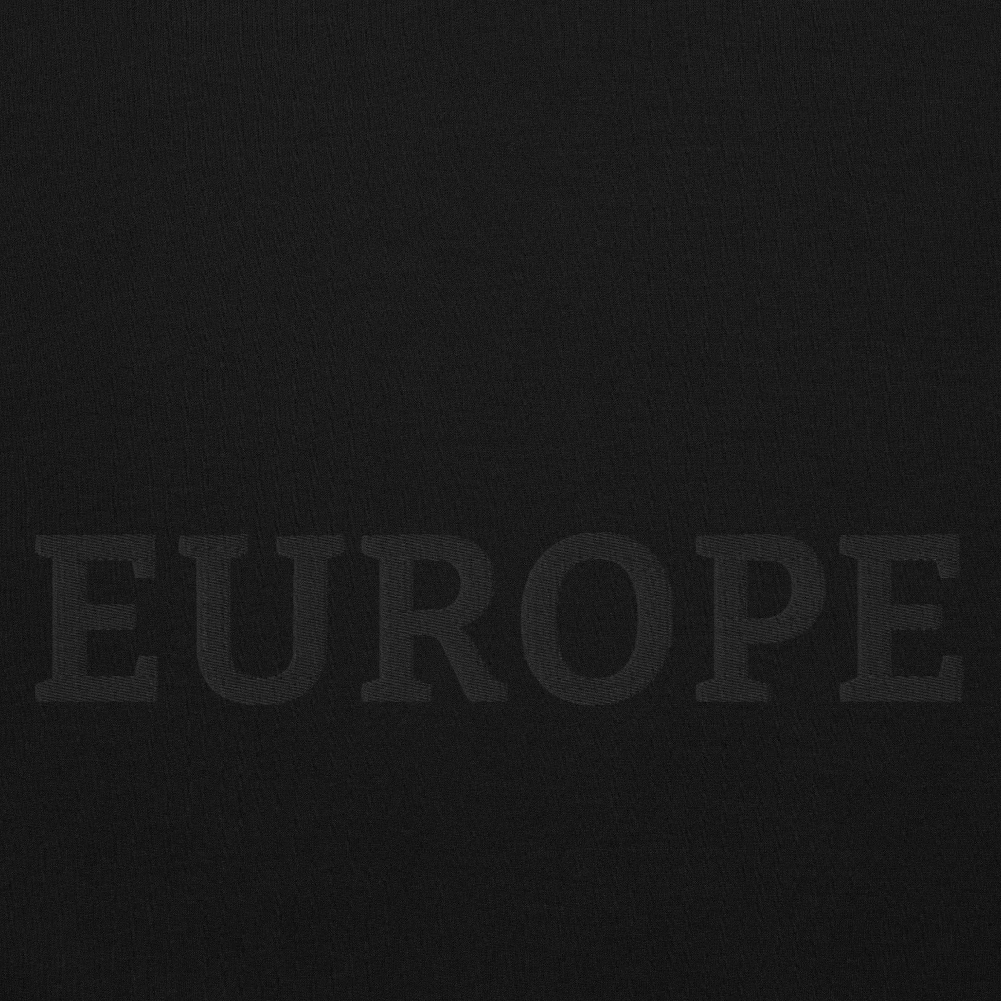 Monochrome Black "EUROPE" Unisex Sweatshirt Design Close-Up View