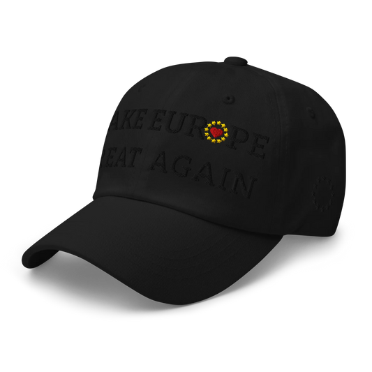 Monochrome Black "Make Europe Great Again" / MEGA Cap with "Show the Love for Europe" emblem in full color Left Front View