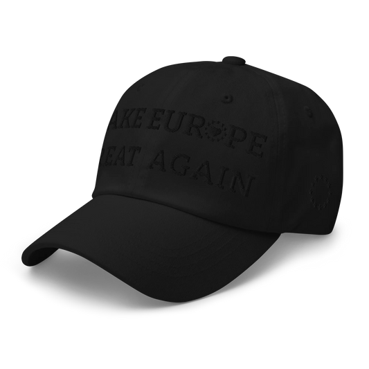 Monochrome Black "Make Europe Great Again" / MEGA Cap with "Show the Love for Europe" emblem Left Front View