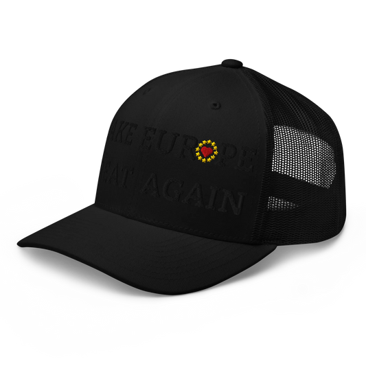 Monochrome Black "Make Europe Great Again" / MEGA Trucker Cap with "Show the Love for EU" emblem in full color Left Front View