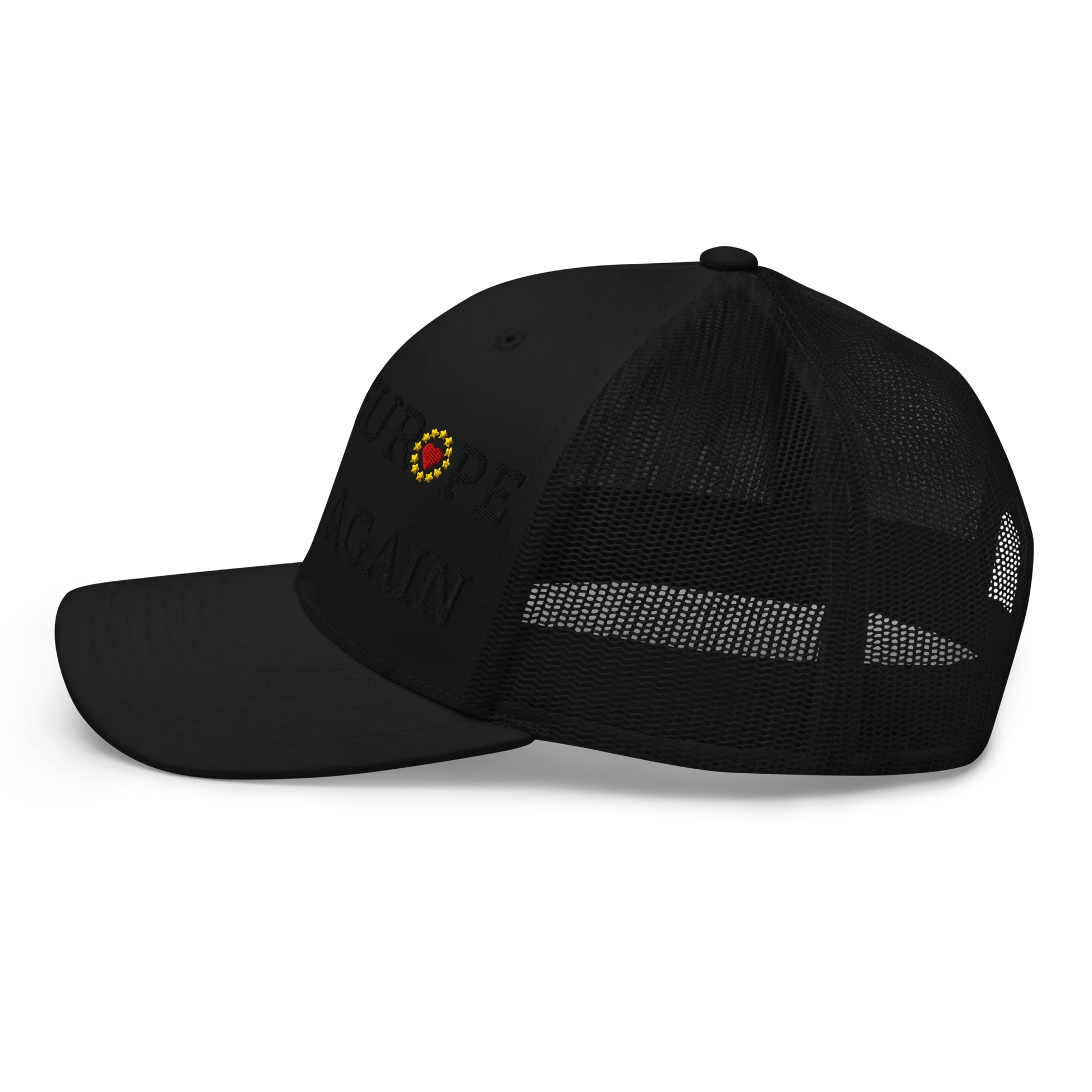 Monochrome Black "Make Europe Great Again" / MEGA Trucker Cap with "Show the Love for EU" emblem in full color Left View