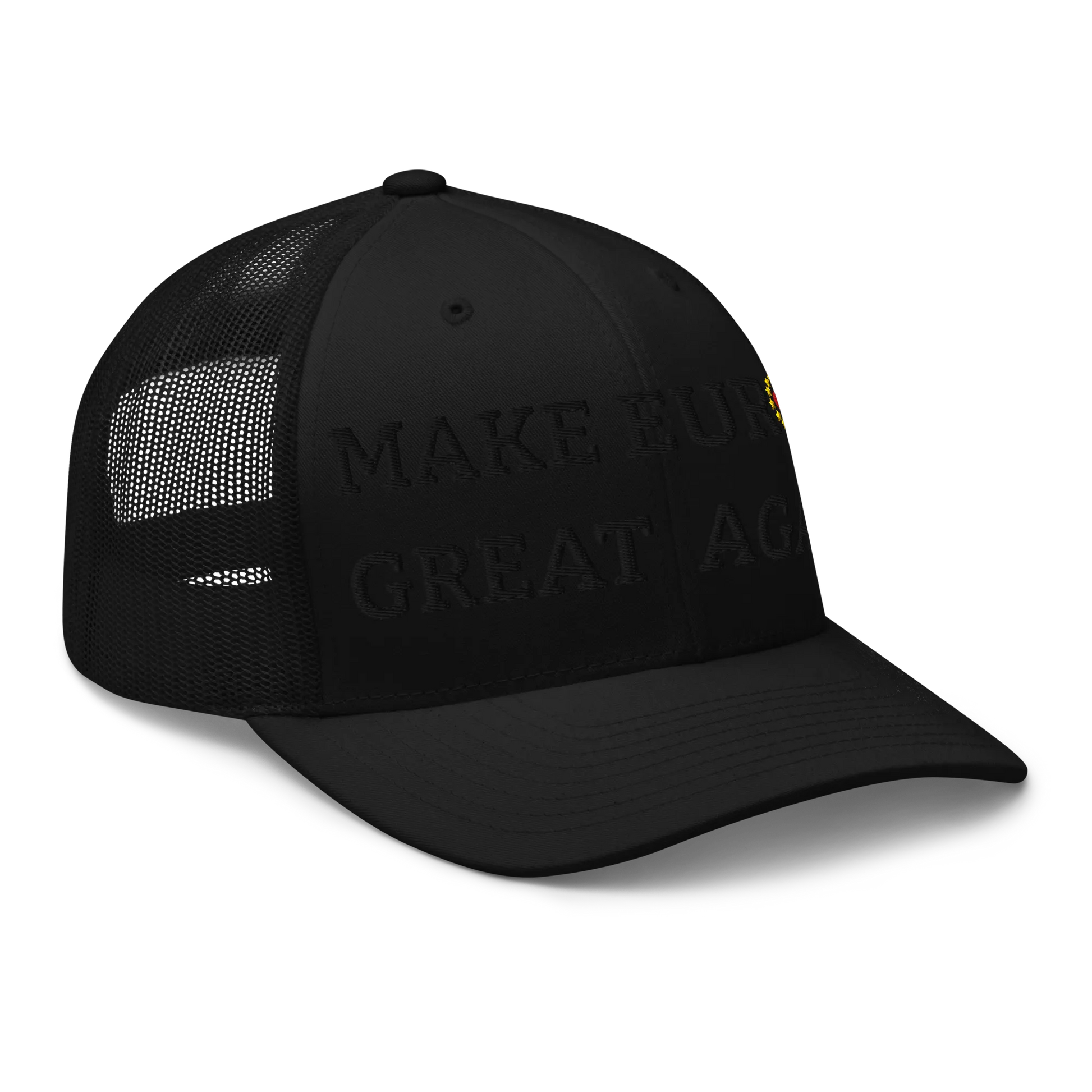 Monochrome Black "Make Europe Great Again" / MEGA Trucker Cap with "Show the Love for EU" emblem in full color Right Front View