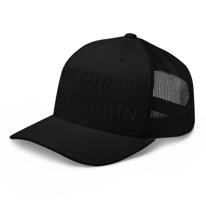 Monochrome Black "Make Europe Great Again" / MEGA Trucker Cap with "Show the Love for EU" emblem Left Front View