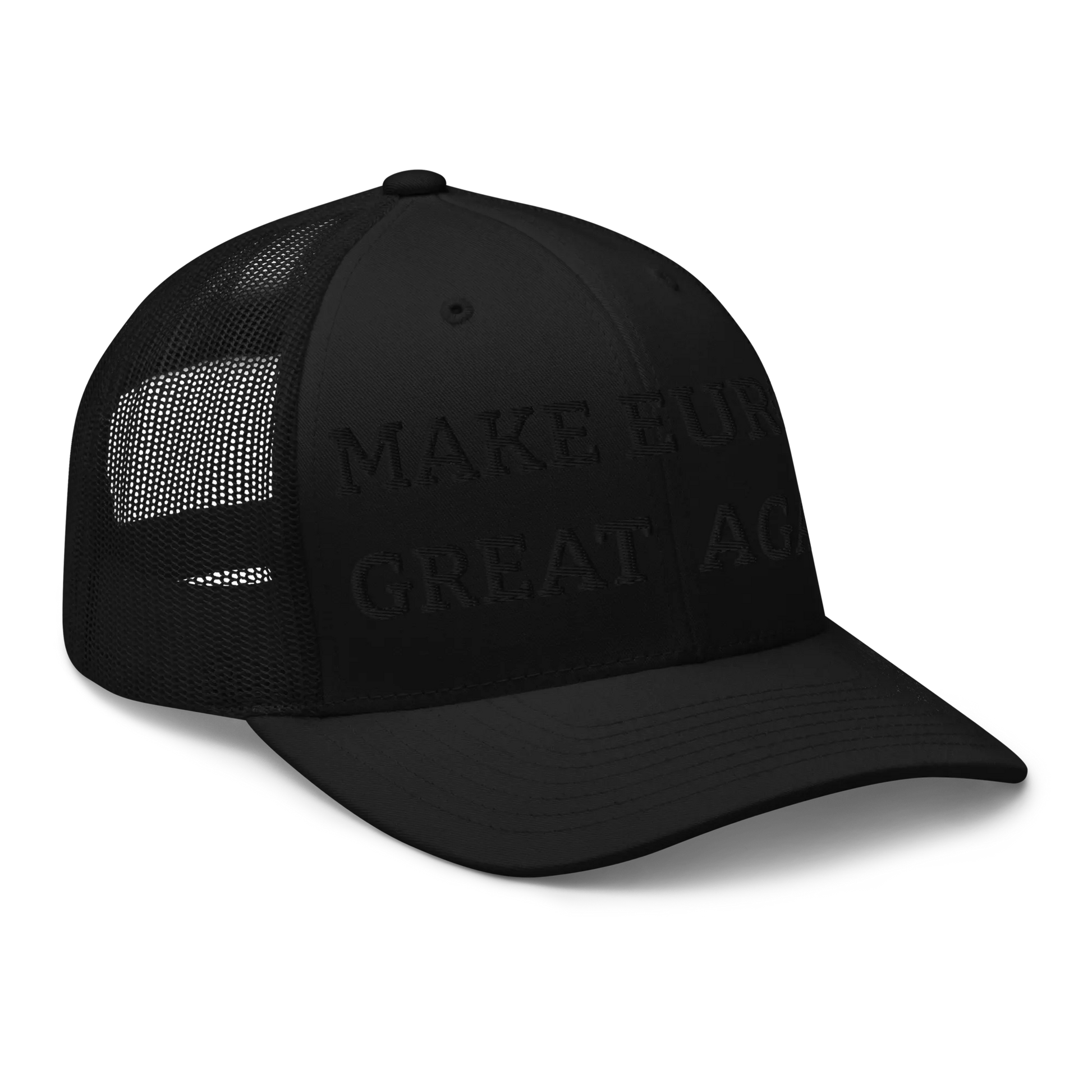 Monochrome Black "Make Europe Great Again" / MEGA Trucker Cap with "Show the Love for EU" emblem Right Front View