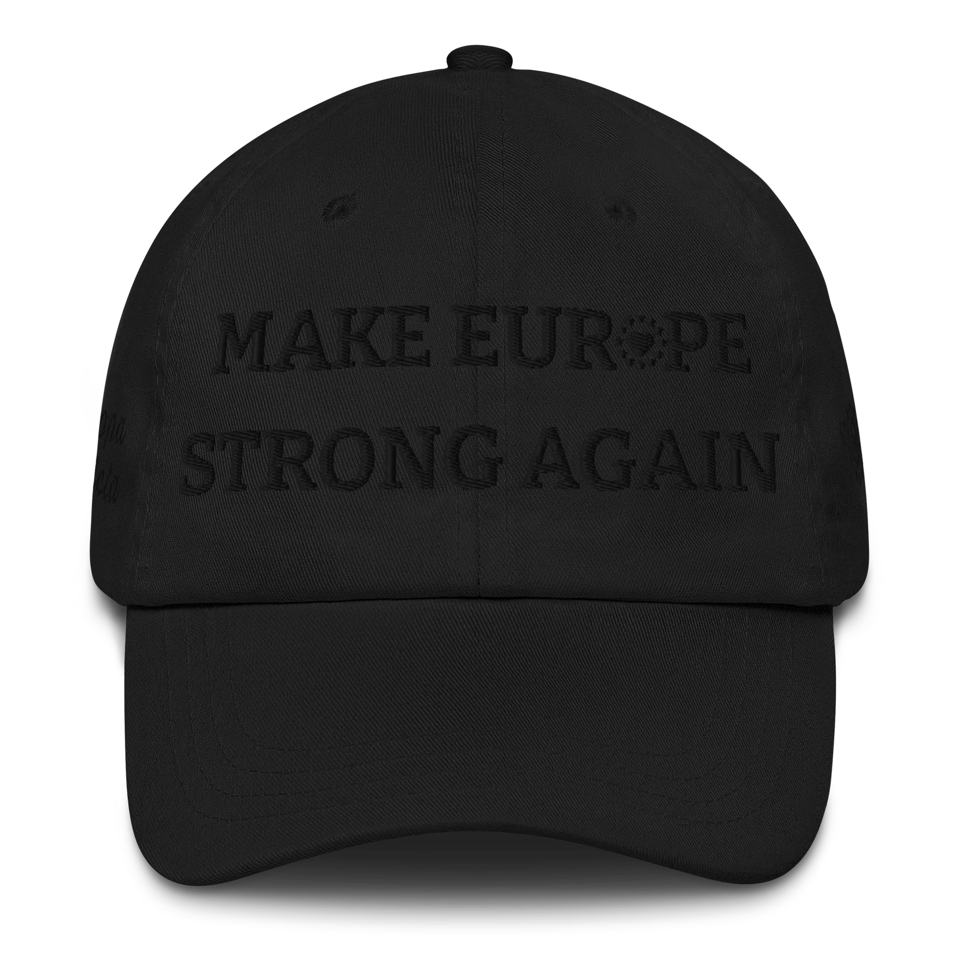 Monochrome Black "Make Europe Strong Again" / MESA Cap with "Show the Love for Europe" emblem Front View