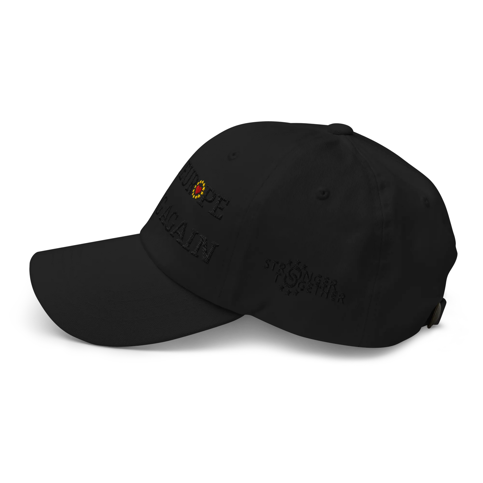 Monochrome Black "Make Europe Strong Again" / MESA Cap with "Show the Love for Europe" emblem in full color Left View