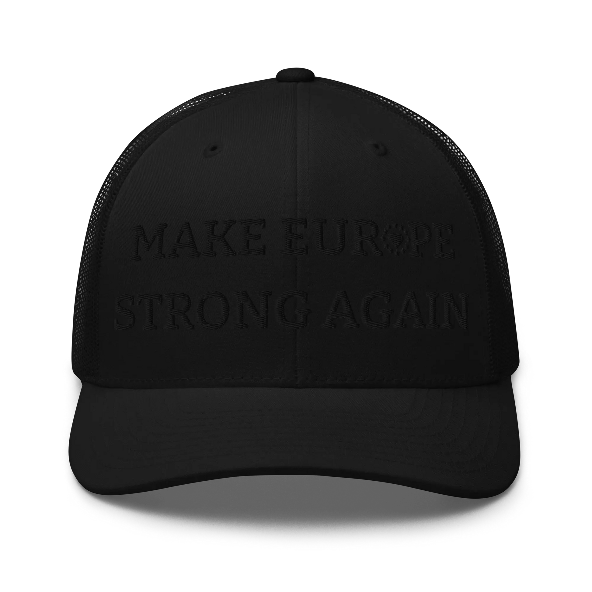 Monochrome Black "Make Europe Strong Again" / MESA Trucker Cap with "Show the Love for Europe" emblem Front View
