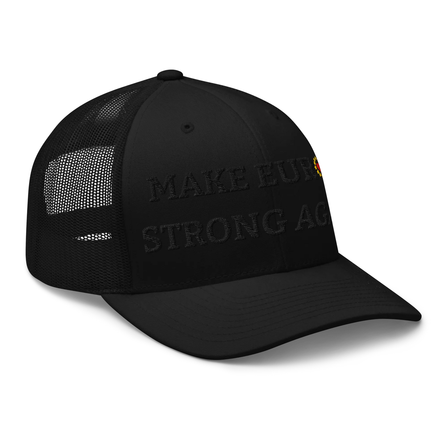Monochrome Black "Make Europe Strong Again" / MESA Trucker Cap with "Show the Love for Europe" emblem in full color Right Front View