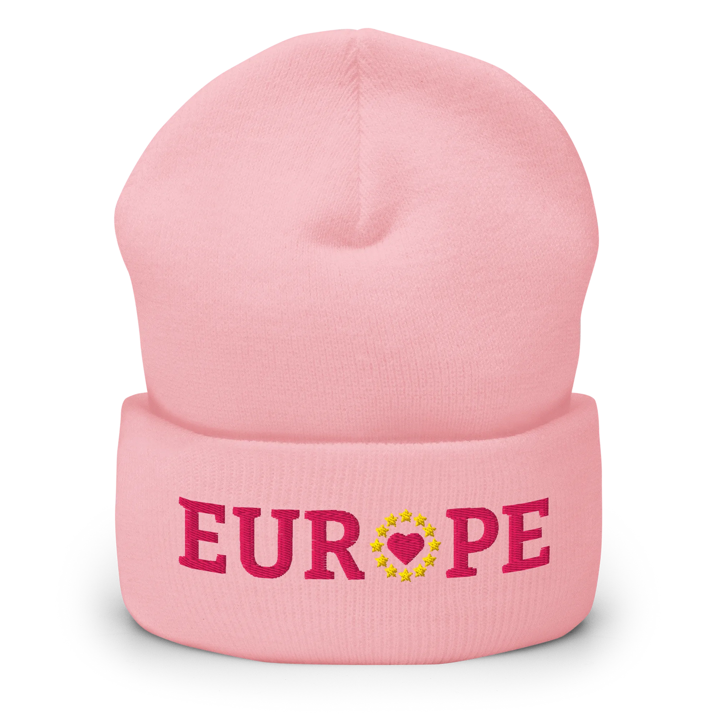 Monochrome Pink "EUROPE" Cuffed Beanie with "Show the Love for Europe" emblem in full color Front View