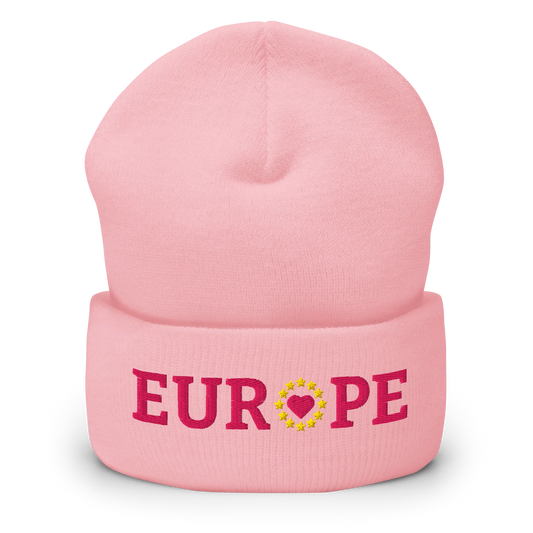 Monochrome Pink "EUROPE" Cuffed Beanie with "Show the Love for Europe" emblem in full color Front View