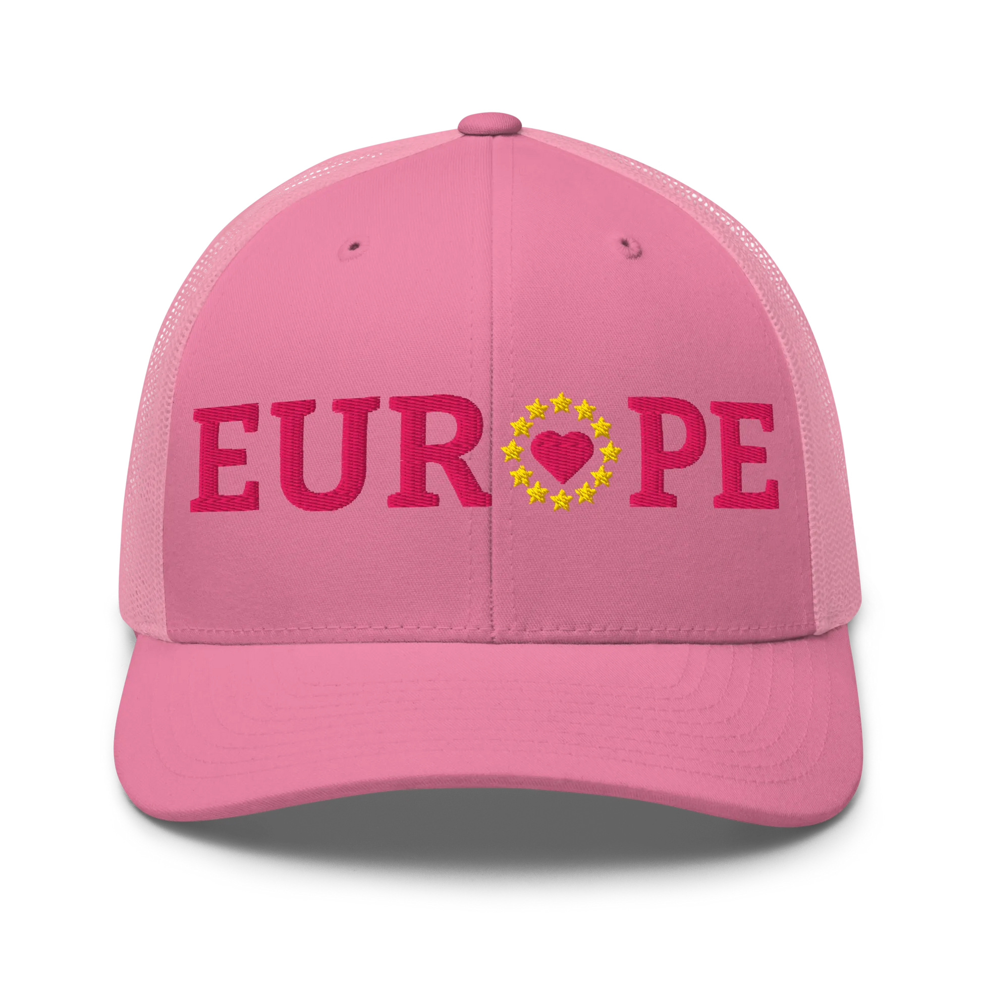 Monochrome Pink EUROPE Trucker Cap with "Show the Love for Europe" emblem in full color Front View