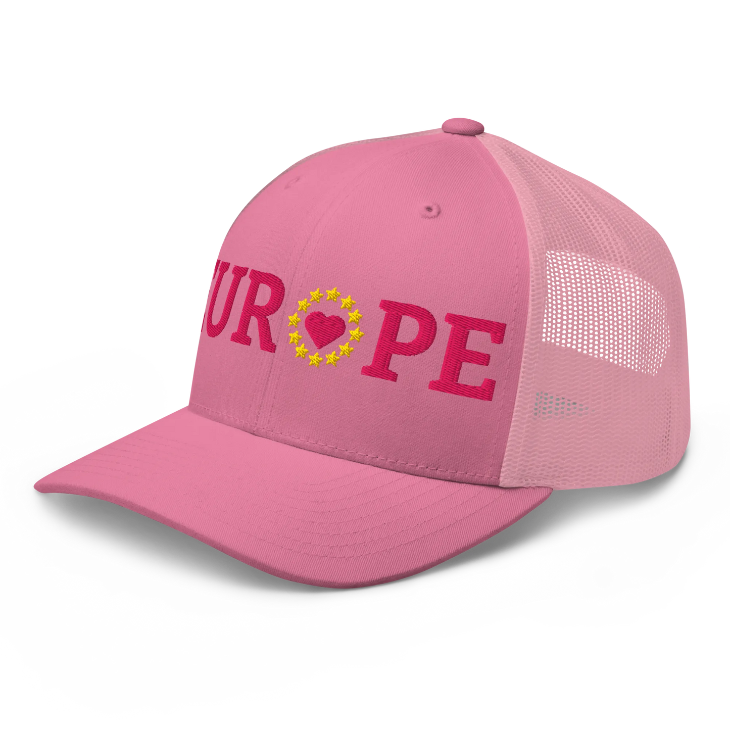 Monochrome Pink EUROPE Trucker Cap with "Show the Love for Europe" emblem in full color Left Front View