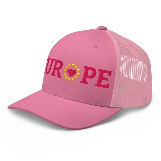 Monochrome Pink EUROPE Trucker Cap with "Show the Love for Europe" emblem in full color Left Front View