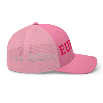Monochrome Pink EUROPE Trucker Cap with "Show the Love for Europe" emblem in full color Right View