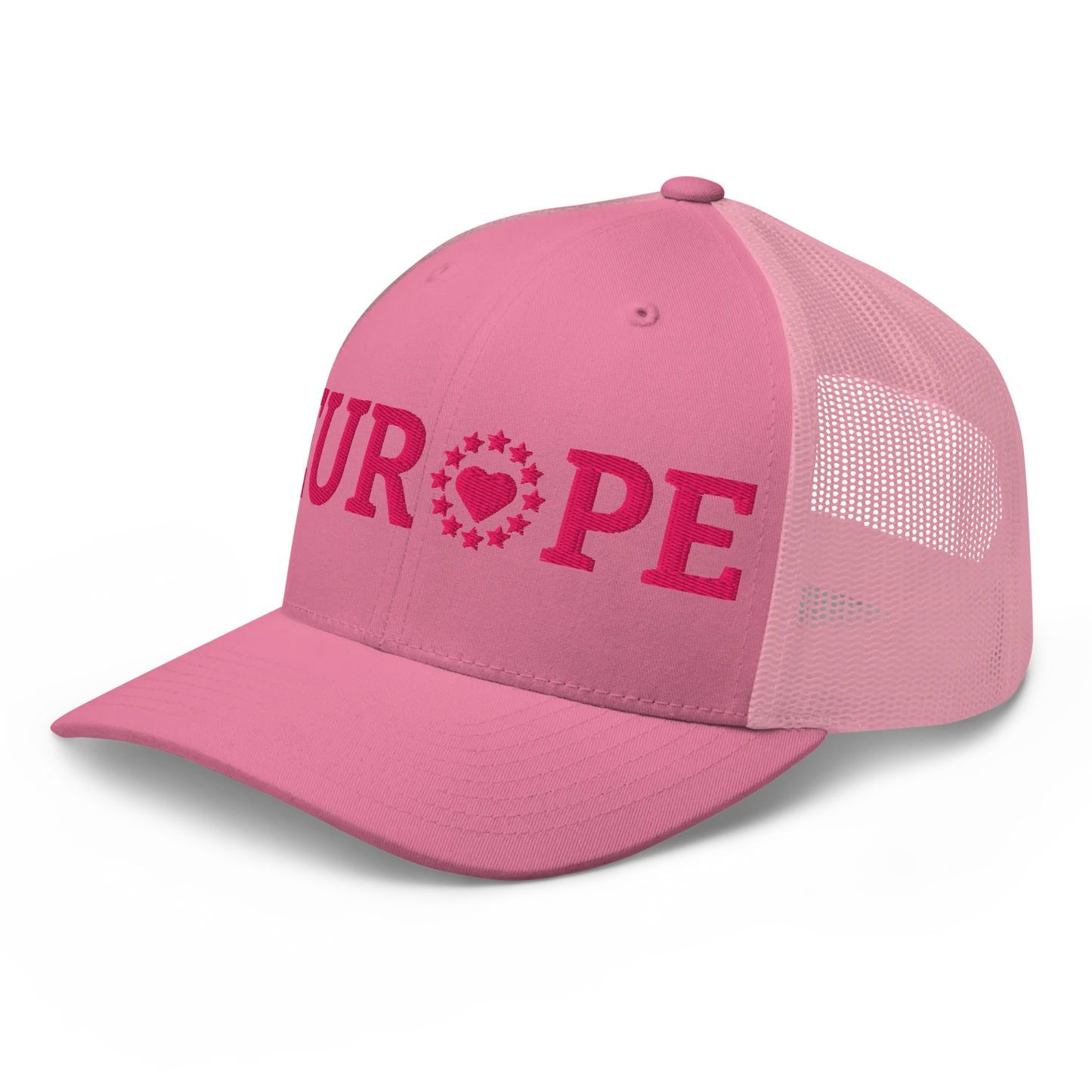 Monochrome Pink EUROPE Trucker Cap with "Show the Love for Europe" emblem Left Front View