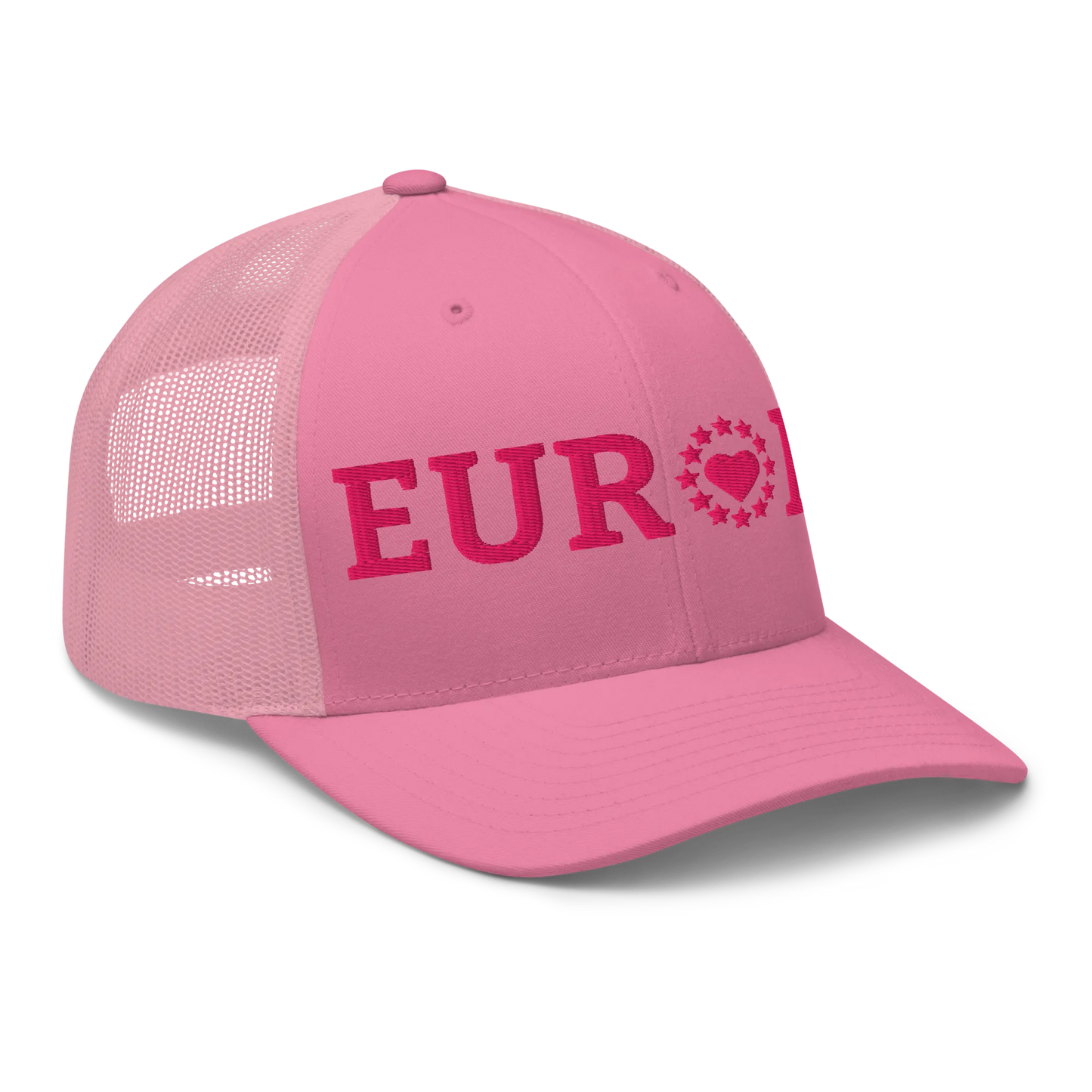Monochrome Pink EUROPE Trucker Cap with "Show the Love for Europe" emblem Right Front View