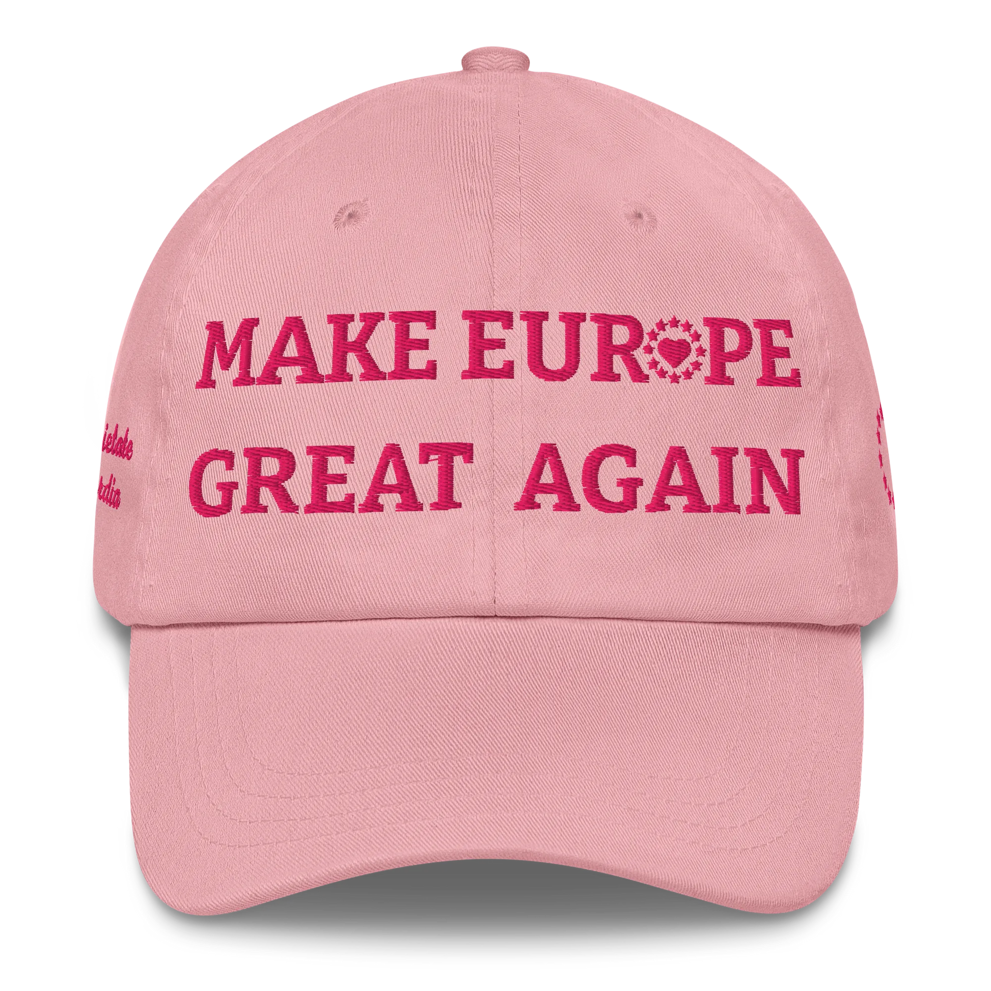 Monochrome Pink "Make Europe Great Again" / MEGA Cap with "Show the Love for Europe" emblem Front View