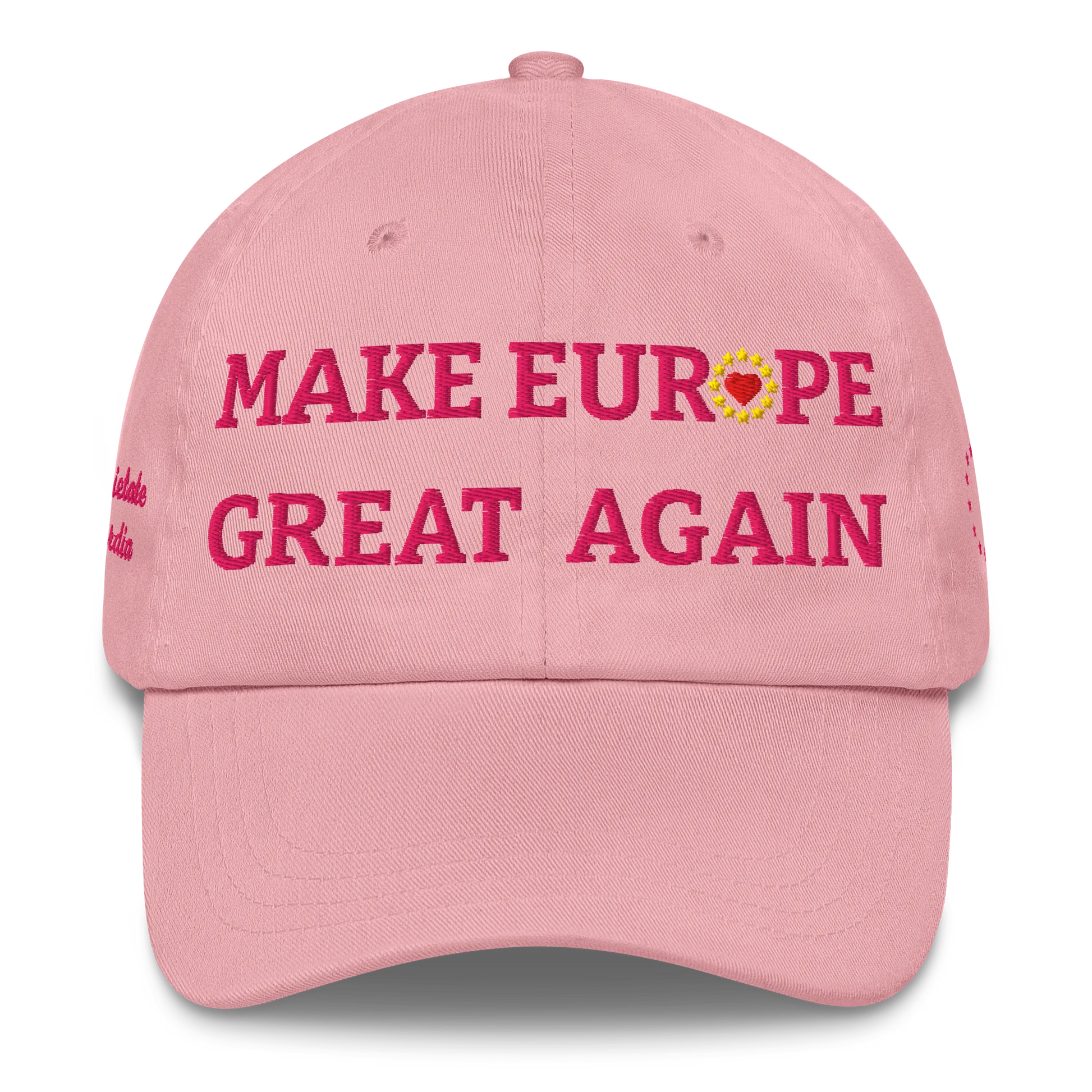 Monochrome Pink "Make Europe Great Again" / MEGA Cap with "Show the Love for Europe" emblem in full color Front View