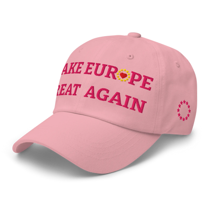 Monochrome Pink "Make Europe Great Again" / MEGA Cap with "Show the Love for Europe" emblem in full color Left Front View