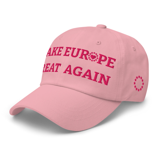 Monochrome Pink "Make Europe Great Again" / MEGA Cap with "Show the Love for Europe" emblem Left Front View