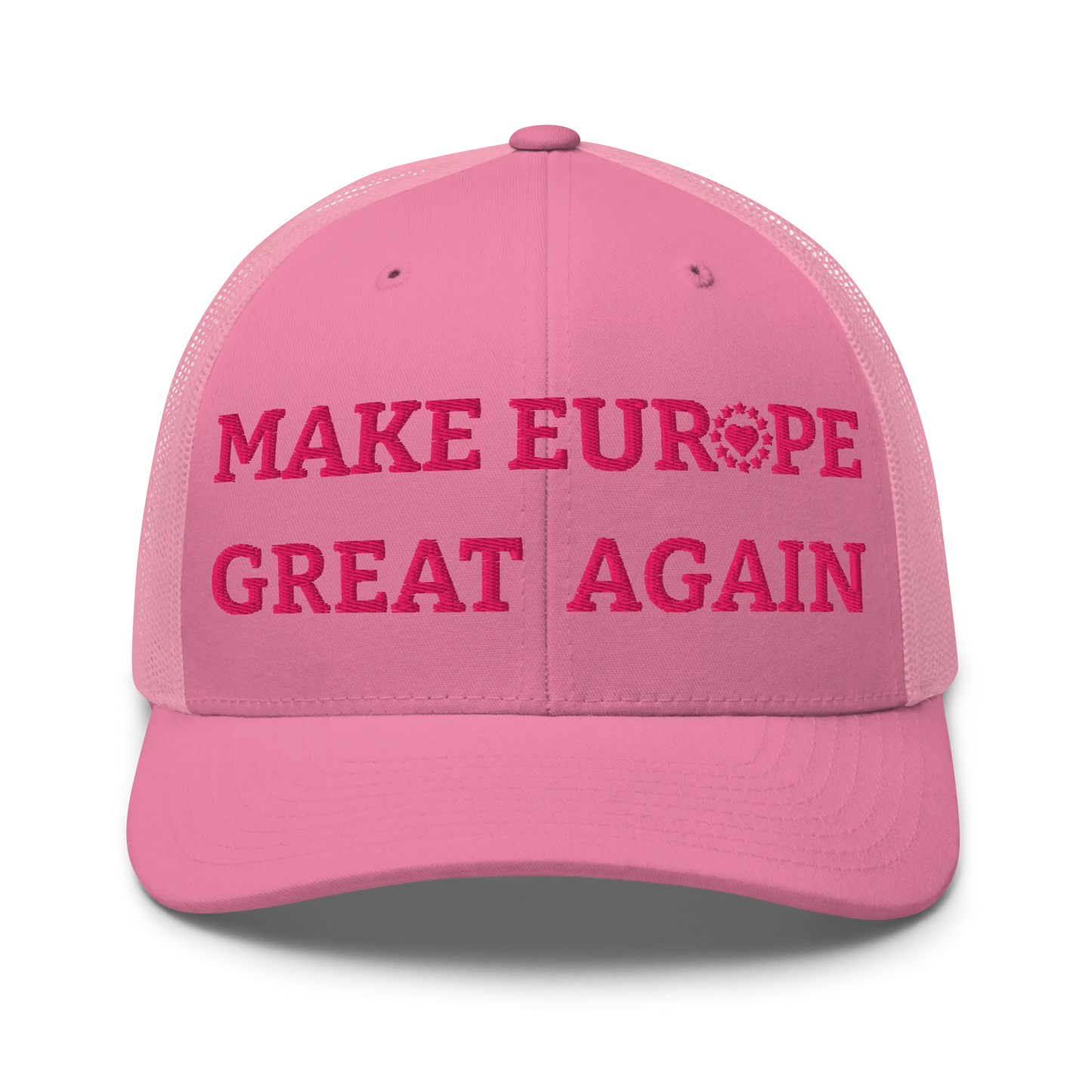 Monochrome Pink "Make Europe Great Again" / MEGA Trucker Cap with "Show the Love for Europe" emblem Front View