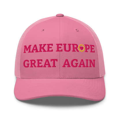 Monochrome Pink "Make Europe Great Again" / MEGA Trucker Cap with "Show the Love for Europe" emblem in full color Front View